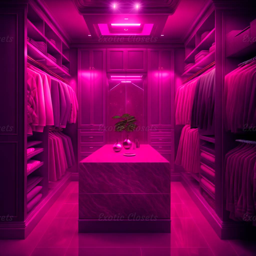 Dark Pink Finish U-Shaped Luxury Walk-In Closet with Lights and Quartz Island