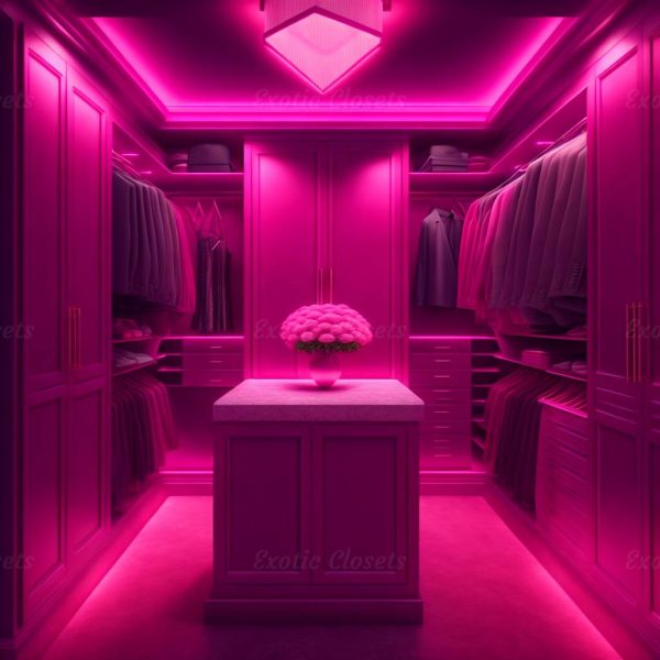 Dark Pink Finish U-Shaped Luxury Walk-In Closet with Lights and Quartz Island 9 | Exotic Closets