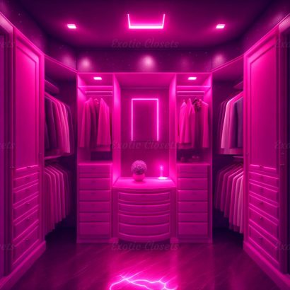 Dark Pink Finish U-Shaped Luxury Walk-In Closet with Lights and Quartz Island 1 | Exotic Closets