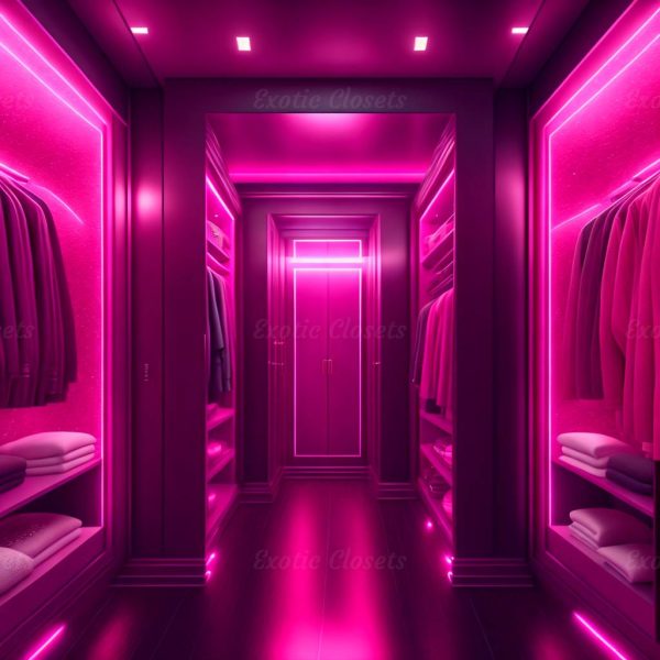 Dark Pink Finish U-Shaped Luxury Walk-In Closet with Lights and Quartz Island 2 | Exotic Closets