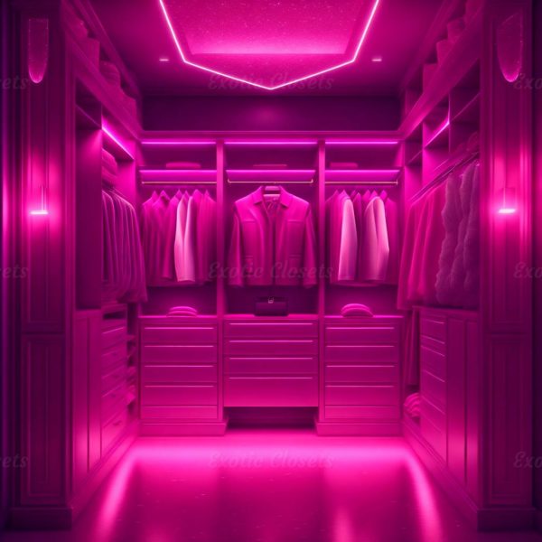 Dark Pink Finish U-Shaped Luxury Walk-In Closet with Lights and Quartz Island 3 | Exotic Closets