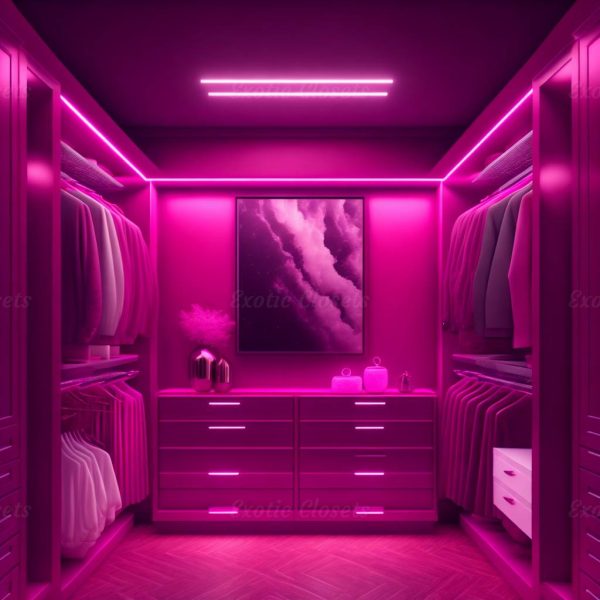 Dark Pink Finish U-Shaped Luxury Walk-In Closet with Lights and Quartz Island 4 | Exotic Closets