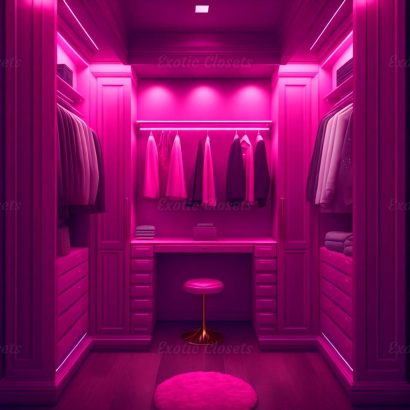 Dark Pink Finish U-Shaped Luxury Walk-In Closet with Lights and Quartz Island 5 | Exotic Closets
