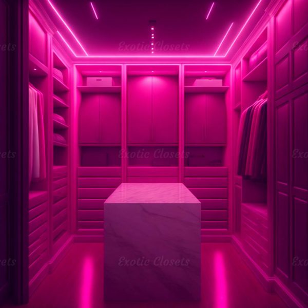 Dark Pink Finish U-Shaped Luxury Walk-In Closet with Lights and Quartz Island 6 | Exotic Closets