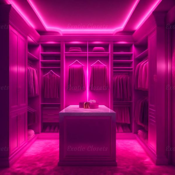 Dark Pink Finish U-Shaped Luxury Walk-In Closet with Lights and Quartz Island 7 | Exotic Closets