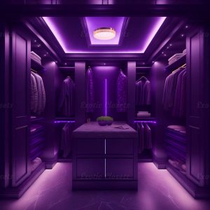 Dark Purple Finish U-Shaped Luxury Walk-In Closet with Lights and Quartz Island 1 | Exotic Closets
