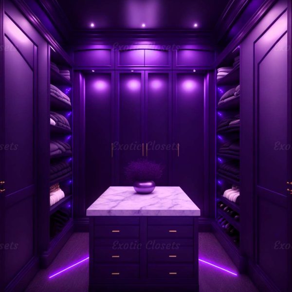 Dark Purple Finish U-Shaped Luxury Walk-In Closet with Lights and Quartz Island | Exotic Closets