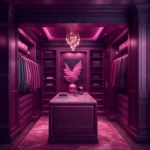 Dark Rose Finish U-Shaped Luxury Walk-In Closet with Lights and Quartz Island 1 | Exotic Closets