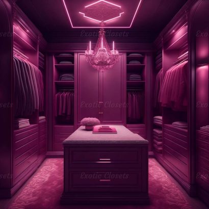 Dark Rose Finish U-Shaped Luxury Walk-In Closet with Lights and Quartz Island 2 | Exotic Closets