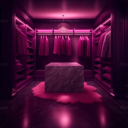 Dark Rose Finish U-Shaped Luxury Walk-In Closet with Lights and Quartz Island 3 | Exotic Closets