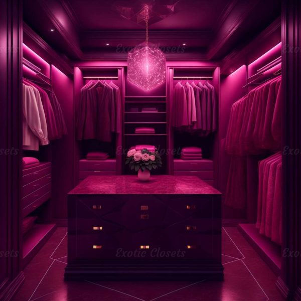 Dark Rose Finish U-Shaped Luxury Walk-In Closet with Lights and Quartz Island 5 | Exotic Closets