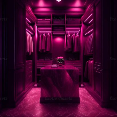 Dark Rose Finish U-Shaped Luxury Walk-In Closet with Lights and Quartz Island | Exotic Closets