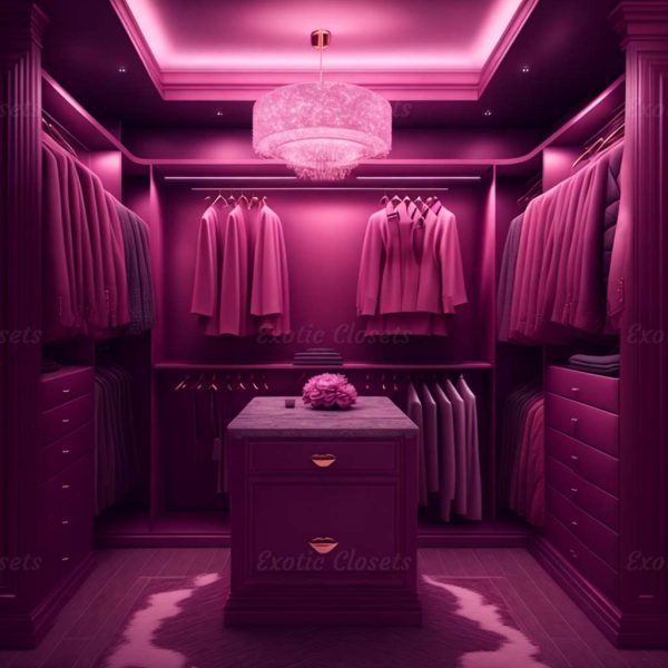 Dark Rose Finish U-Shaped Luxury Walk-In Closet with Lights and Quartz Island 6 | Exotic Closets