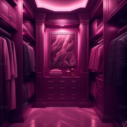 Dark Rose Finish U-Shaped Luxury Walk-In Closet with Lights and Quartz Island 7 | Exotic Closets
