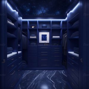 Dark Sapphire Finish U-Shaped Luxury Walk-In Closet with Lights and Quartz Island 1 | Exotic Closets