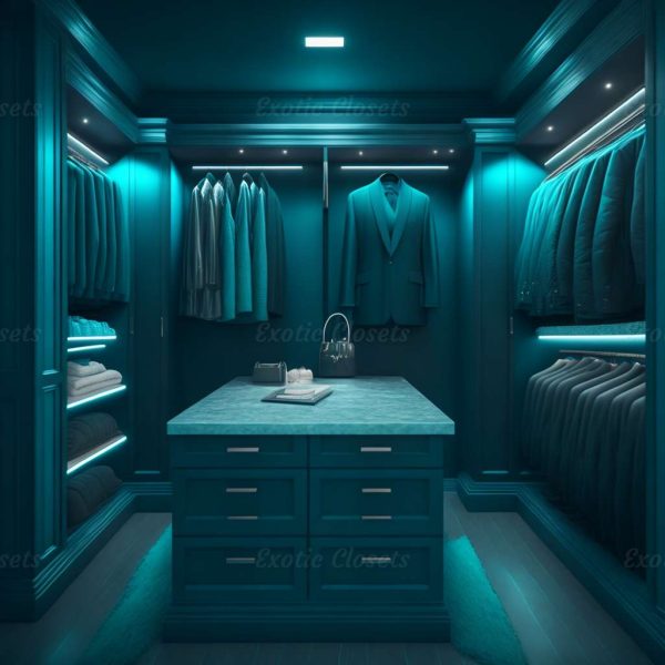 Dark Teal U-Shaped Luxury Walk-In Closet 1 - Exotic Closets