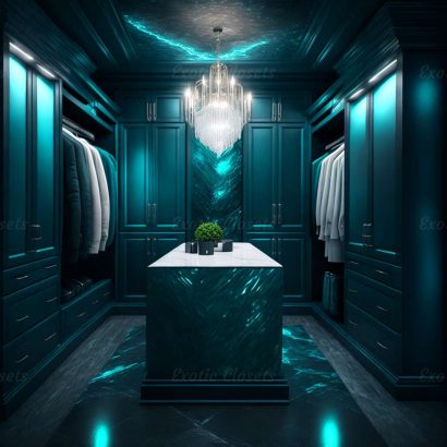 Dark Teal Finish U-Shaped Luxury Walk-In Closet with Lights and Quartz Island | Exotic Closets