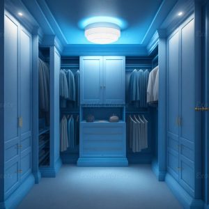 Dusty Blue Finish U-Shaped Luxury Walk-In Closet with Lights and Quartz Island 1 | Exotic Closets