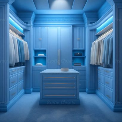 Dusty Blue Finish U-Shaped Luxury Walk-In Closet with Lights and Quartz Island 2 | Exotic Closets