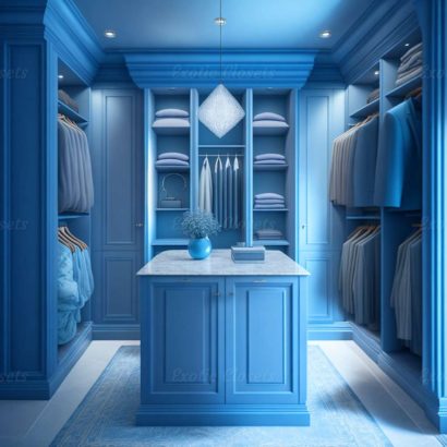 Dusty Blue Finish U-Shaped Luxury Walk-In Closet with Lights and Quartz Island 3 | Exotic Closets