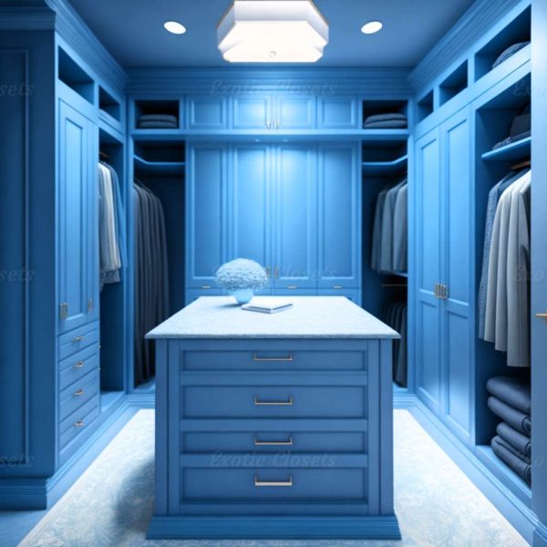 Dusty Blue Finish U-Shaped Luxury Walk-In Closet with Lights and Quartz Island | Exotic Closets