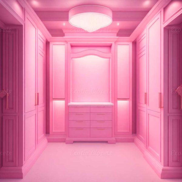 Dusty Rose Finish U-Shaped Luxury Walk-In Closet with Lights and Quartz Island 1 | Exotic Closets