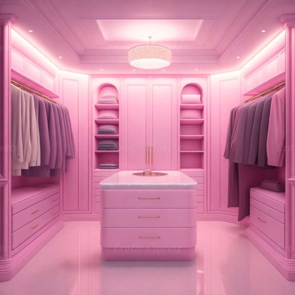 Dusty Rose Finish U-Shaped Luxury Walk-In Closet with Lights and Quartz Island 2 | Exotic Closets