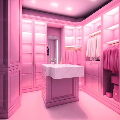 Dusty Rose Finish U-Shaped Luxury Walk-In Closet with Lights and Quartz Island | Exotic Closets