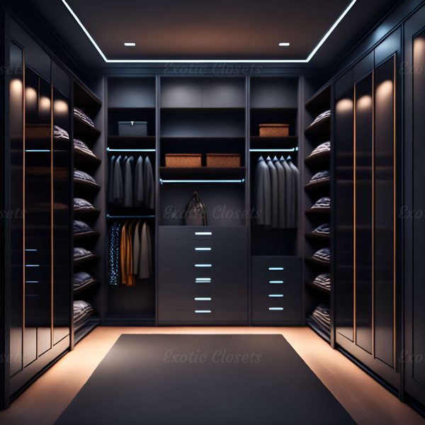 Gray Finish U-Shaped Luxury Walk-In Closet with Lights and Quartz Island 1 | Exotic Closets
