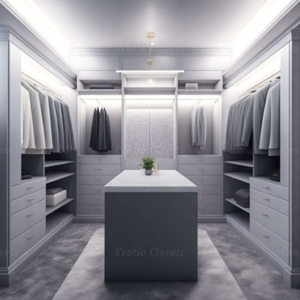 Gray Finish U-Shaped Luxury Walk-In Closet with Lights and Quartz Island 10 | Exotic Closets
