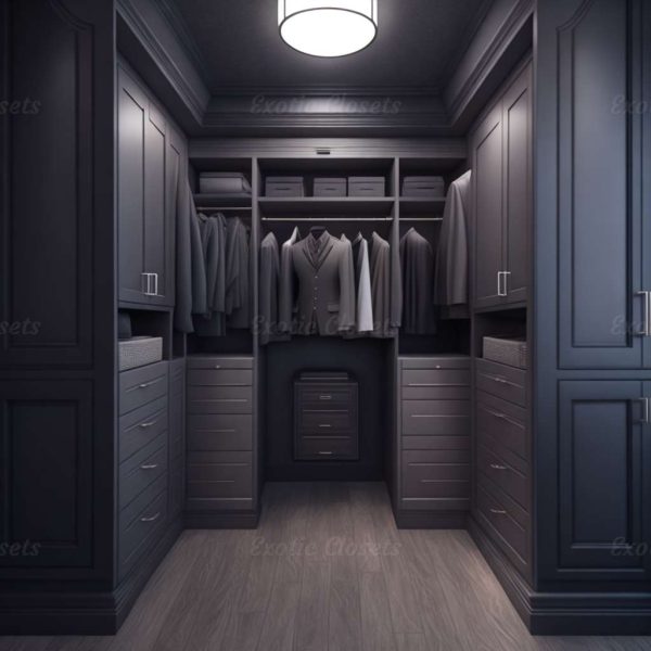 Gray Finish U-Shaped Luxury Walk-In Closet with Lights and Quartz Island 11 | Exotic Closets
