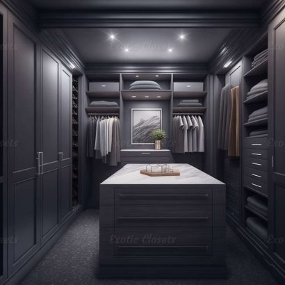 Gray Finish U-Shaped Luxury Walk-In Closet with Lights and Quartz Island 12 | Exotic Closets