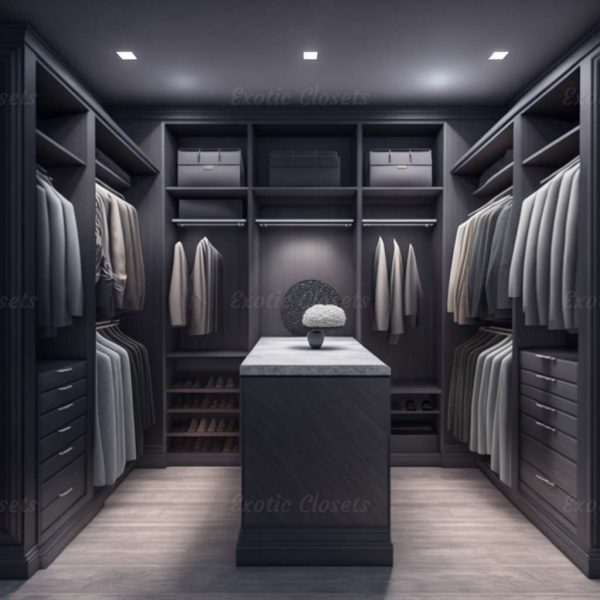 Gray Finish U-Shaped Luxury Walk-In Closet with Lights and Quartz Island 13 | Exotic Closets