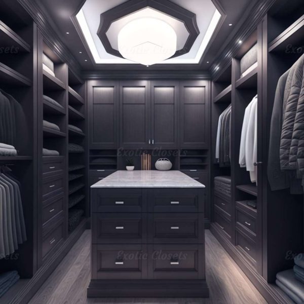Gray Finish U-Shaped Luxury Walk-In Closet with Lights and Quartz Island 14 | Exotic Closets
