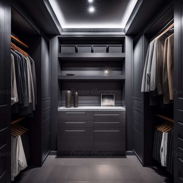 Gray Finish U-Shaped Luxury Walk-In Closet with Lights and Quartz Island 15 | Exotic Closets