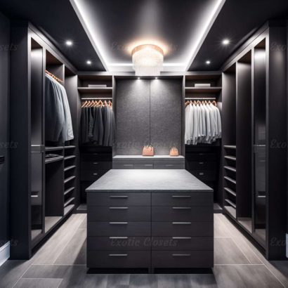 Gray Finish U-Shaped Luxury Walk-In Closet with Lights and Quartz Island 17 | Exotic Closets