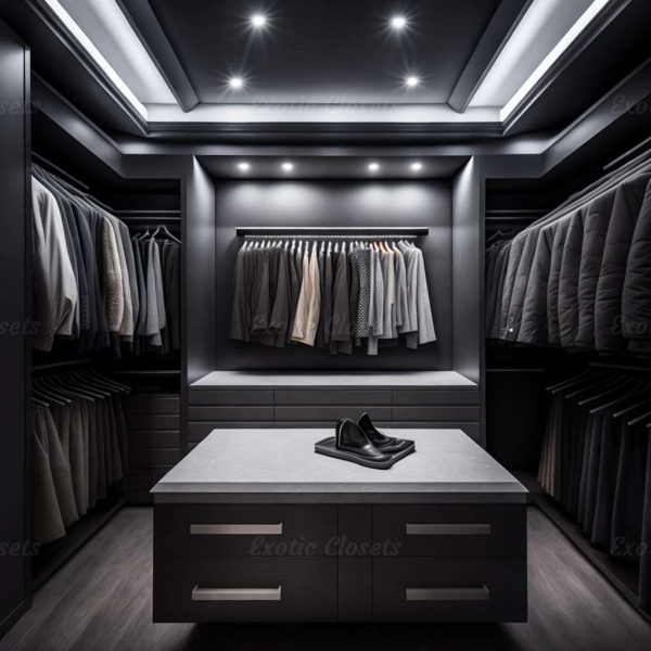 Gray Finish U-Shaped Luxury Walk-In Closet with Lights and Quartz Island 18 | Exotic Closets