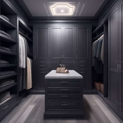 Gray Finish U-Shaped Luxury Walk-In Closet with Lights and Quartz Island 19 | Exotic Closets