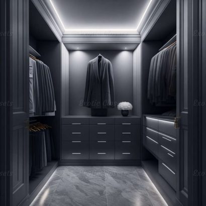 Gray Finish U-Shaped Luxury Walk-In Closet with Lights and Quartz Island 2 | Exotic Closets