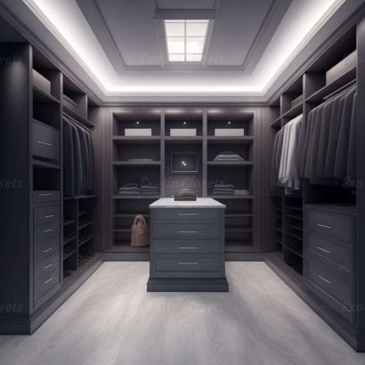 Gray Finish U-Shaped Luxury Walk-In Closet with Lights and Quartz Island 20 | Exotic Closets
