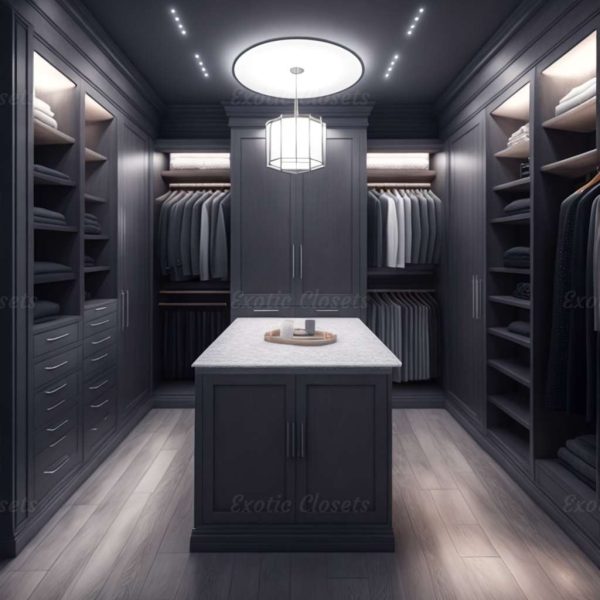 Gray Finish U-Shaped Luxury Walk-In Closet with Lights and Quartz Island 21 | Exotic Closets