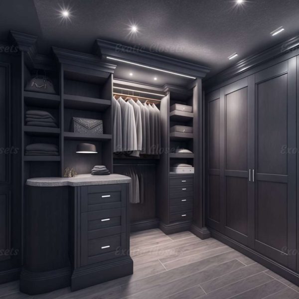 Gray Finish U-Shaped Luxury Walk-In Closet with Lights and Quartz Island 22 | Exotic Closets