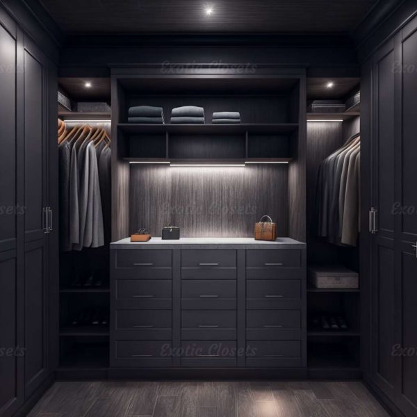 Gray Finish U-Shaped Luxury Walk-In Closet with Lights and Quartz Island 24 | Exotic Closets