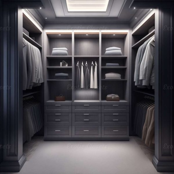 Gray Finish U-Shaped Luxury Walk-In Closet with Lights and Quartz Island 25 | Exotic Closets