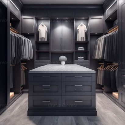 Gray Finish U-Shaped Luxury Walk-In Closet with Lights and Quartz Island 26 | Exotic Closets