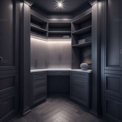 Gray Finish U-Shaped Luxury Walk-In Closet with Lights and Quartz Island 27 | Exotic Closets