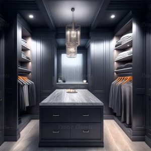 Gray Finish U-Shaped Luxury Walk-In Closet with Lights and Quartz Island | Exotic Closets