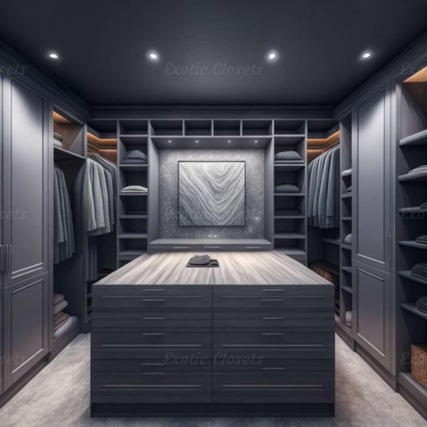 Gray Finish U-Shaped Luxury Walk-In Closet with Lights and Quartz Island 28 | Exotic Closets