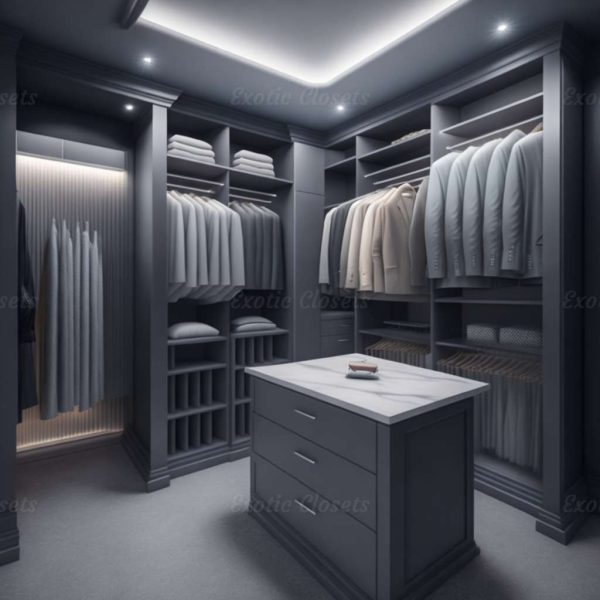 Gray Finish U-Shaped Luxury Walk-In Closet with Lights and Quartz Island 3 | Exotic Closets