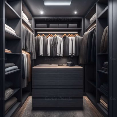 Gray Finish U-Shaped Luxury Walk-In Closet with Lights and Quartz Island 29 | Exotic Closets